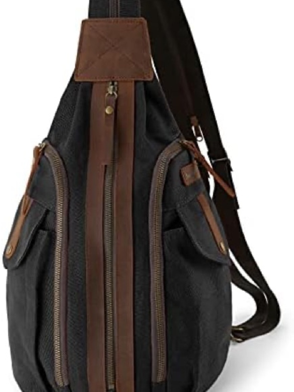 Men's Black Canvas Sling Bag with Brown Leather Trim